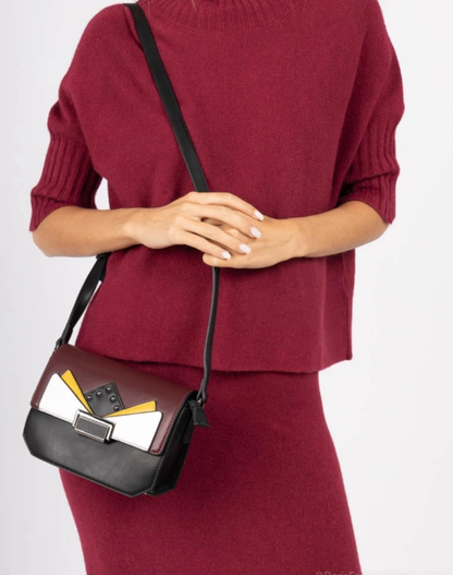 Sac bandoulière géométrique chic femme – Cuir synthétique bordeaux & noir